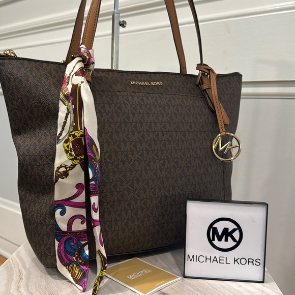 Michael Kors Handbags - Michael Kors Bag Large Brown Jet Set Leather Tote Bag